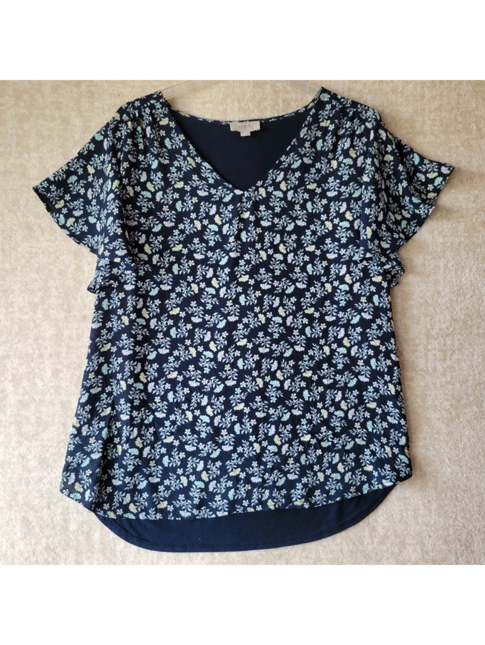 LOFT Floral Blouse Large Womens Blue Ruffle Cap Sleeves Ditsy Botanical Flirty